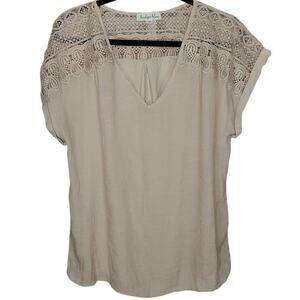 Indigo Rose Beige Lace Shoulder Blouse Short Sleeve Textured Top Size 1X